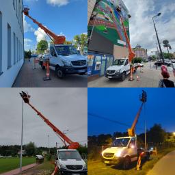 Robclean Rutkowski Robert - Cztery ujęcia: praca z podnośnika koszowego przy budynku z białymi ścianami, muralu, słupa oświetleniowego boiska i nocą przy słupie oświetleniowym.