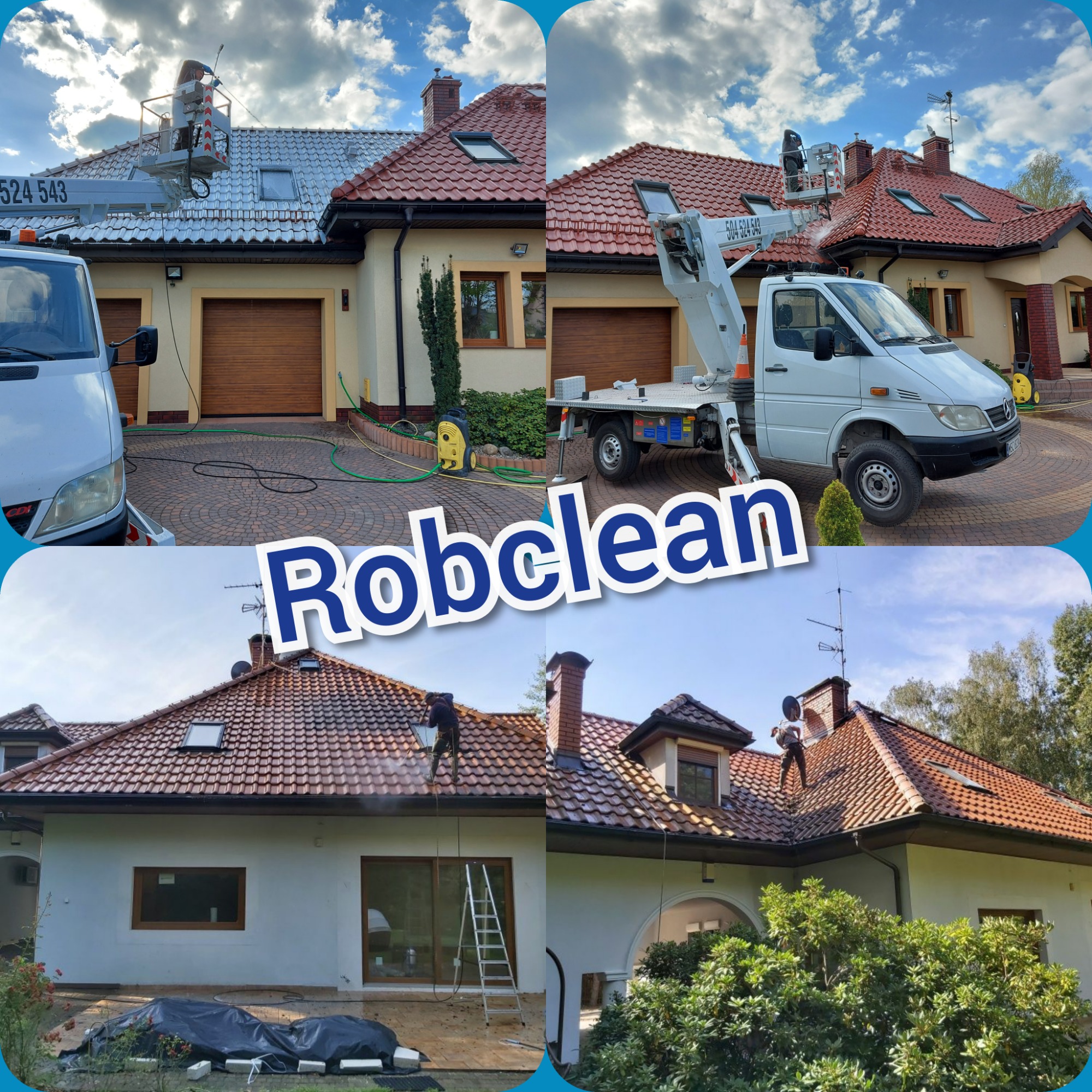 Czyszczenie dachu domu jednorodzinnego z użyciem podnośnika koszowego i myjki ciśnieniowej, widoczny efekt przed i po czyszczeniu, z logo firmy Robclean nałożonym na zdjęcie.