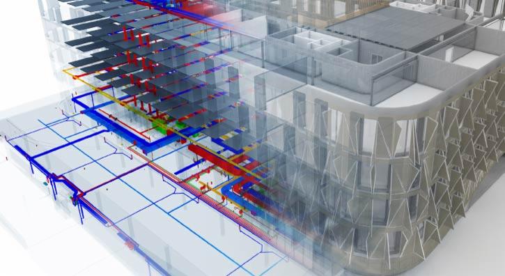 Wizualizacja 3D budynku biurowego z nałożonym schematem instalacji wewnętrznych, prezentująca projekt elewacji z geometrycznym wzorem.