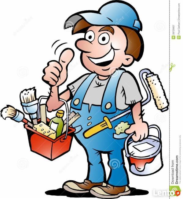 Karykatura uśmiechniętego malarza w niebieskim kombinezonie, trzymającego kciuk w górę. W jednej ręce wiadro z farbą i wałek, w drugiej kuwetę z pędzlami i akcesoriami malarskimi.