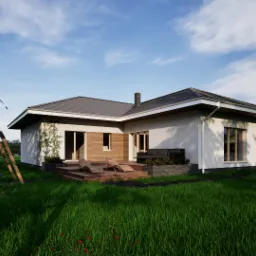 Wizualizacja parterowego domu jednorodzinnego z drewnianym tarasem, leżakami i czarną sofą ogrodową, otoczonego zielonym trawnikiem i drzewami, widok z poziomu trawy.