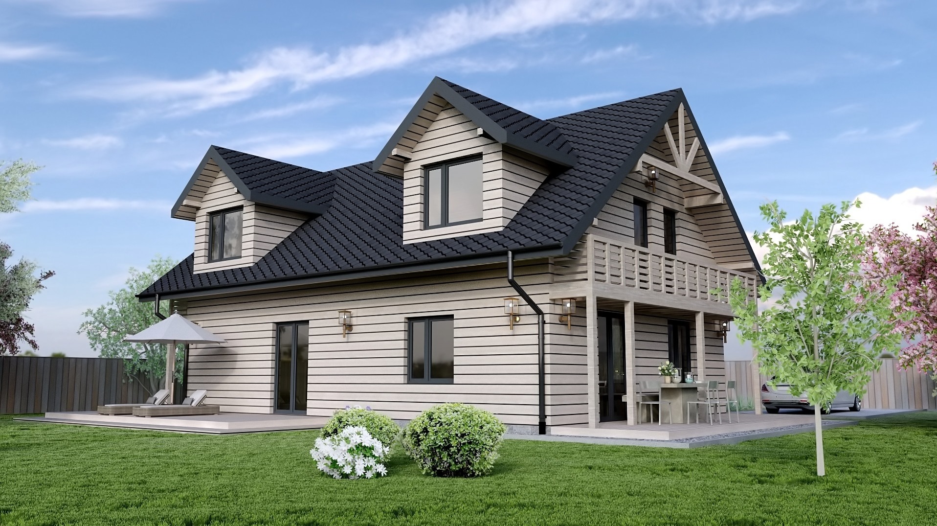 Wizualizacja dwukondygnacyjnego domu jednorodzinnego z poddaszem użytkowym, elewacją z jasnego drewna w układzie poziomym, ciemnym dachem dwuspadowym i balkonem, otoczonego zielonym trawnikiem...