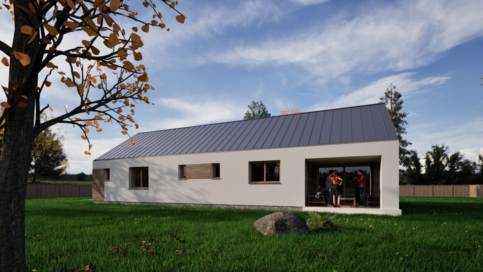 Wizualizacja nowoczesnego, parterowego domu z szarym dachem na tle błękitnego nieba, z widocznym fragmentem drzewa z pomarańczowymi liśćmi w pierwszym planie i osobami w przeszklonym pomieszczeniu.