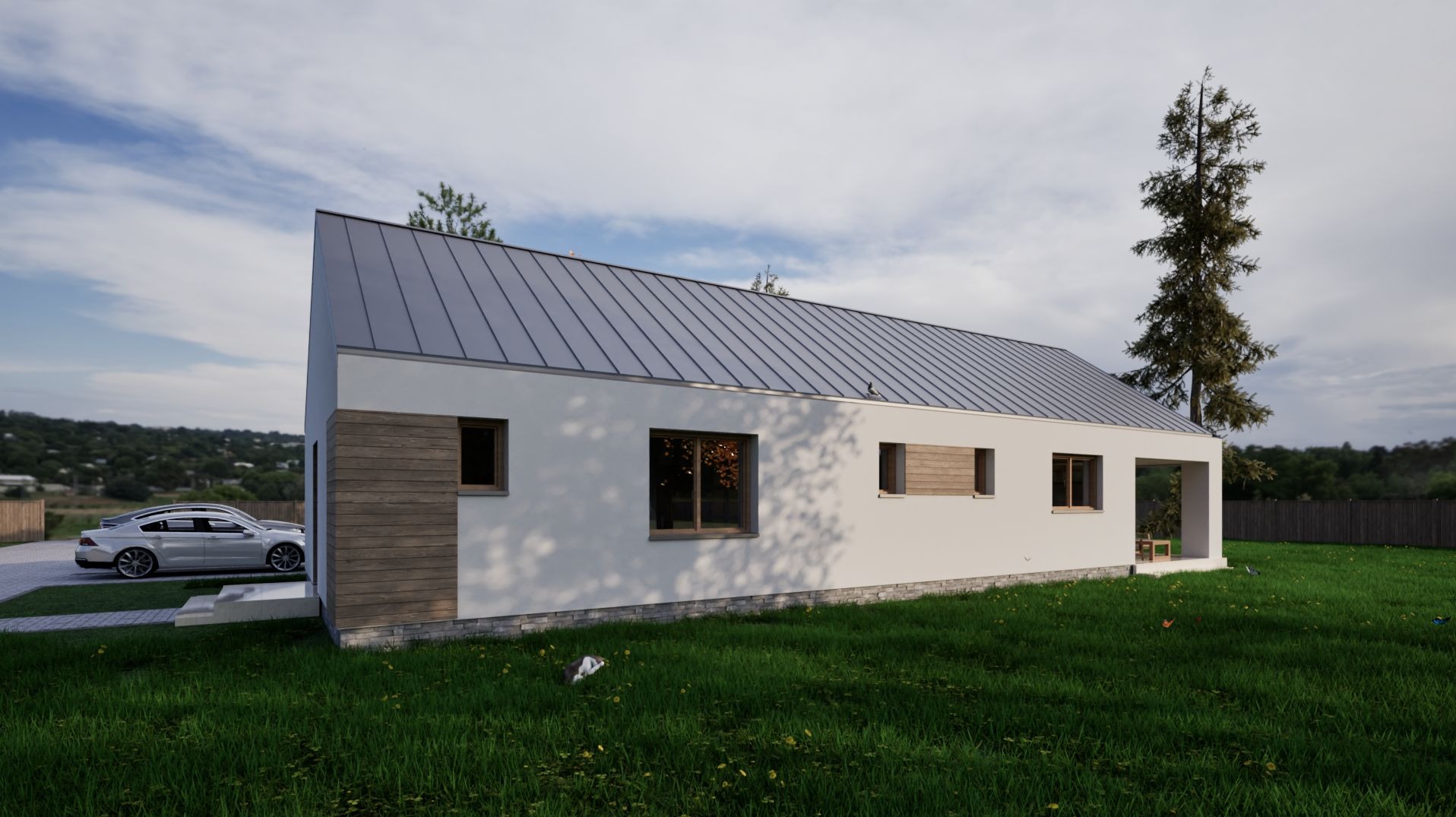 Wizualizacja nowoczesnego, parterowego domu z szarą blachą na dachu, białymi ścianami i drewnianymi akcentami, z samochodem zaparkowanym na podjeździe i zielonym trawnikiem.