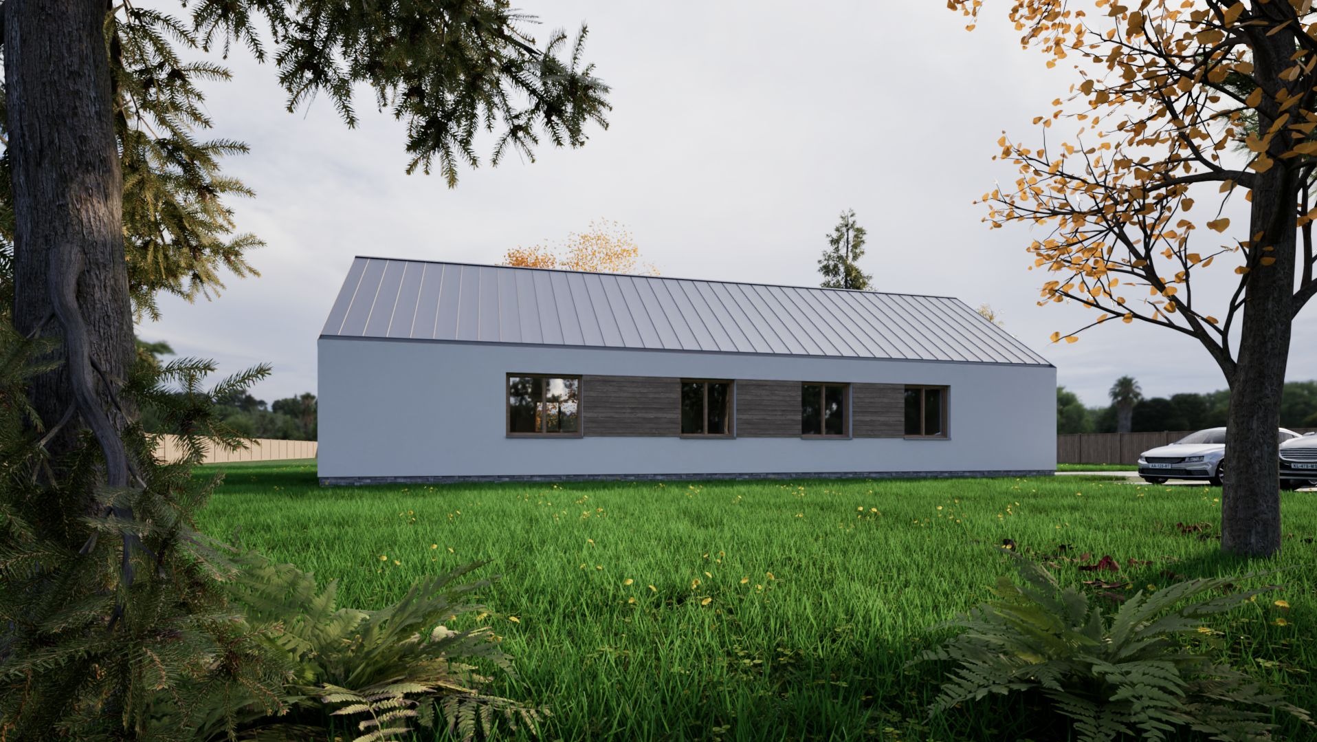 Projekt domu jednorodzinnego. Prosta bryła z minimalistyczną elewacją. Pokrycie dachu blachą na rąbek.