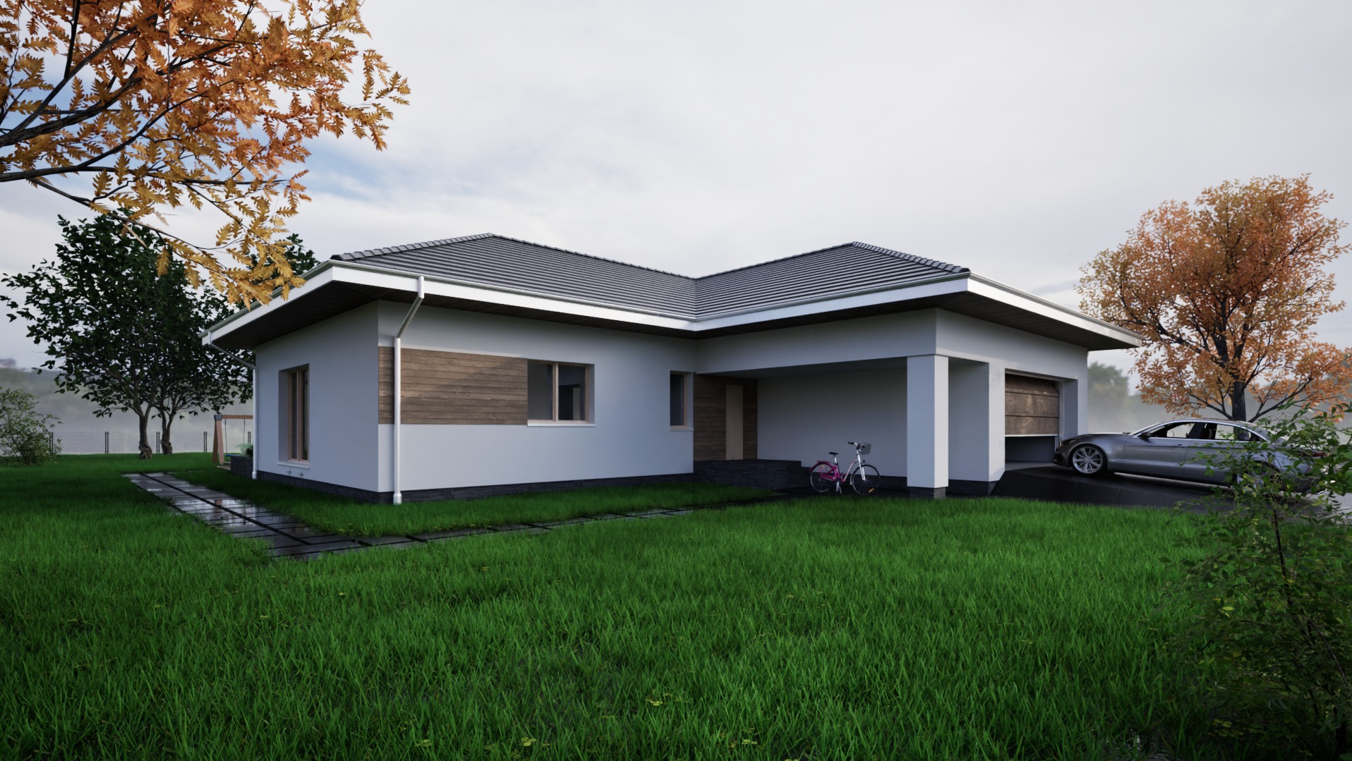 Wizualizacja parterowego domu jednorodzinnego z garażem, drewnianą elewacją i rowerem opartym o ścianę.