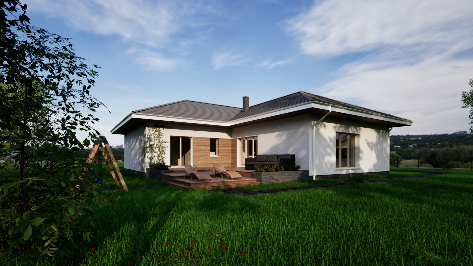 Wizualizacja parterowego domu jednorodzinnego z drewnianym tarasem, leżakami i czarną sofą ogrodową, otoczonego zielonym trawnikiem i drzewami, widok z poziomu trawy.