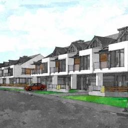 Kota Studio - Wizualizacja szeregu nowoczesnych domów jednorodzinnych z balkonami i drewnianymi elementami elewacji, z samochodami na ulicy i sylwetką przechodnia.