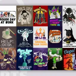 Kolekcja różnorodnych grafik na koszulki, prezentująca motywy z popkultury, zwierząt i humorystyczne hasła, umieszczona na białym tle z logiem firmy Menakson T-Shirts w prawym dolnym rogu.