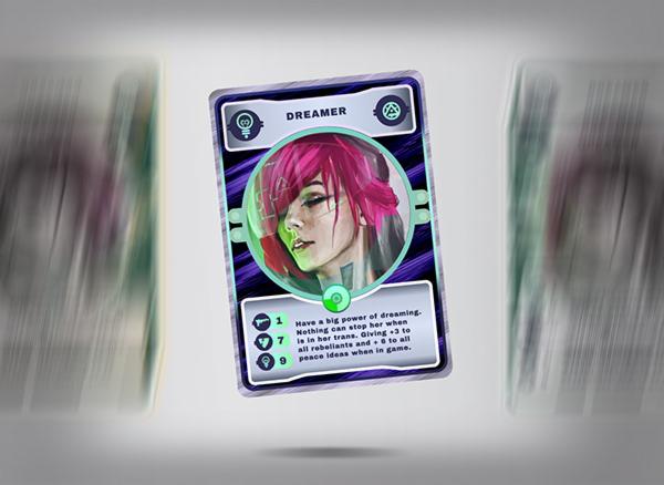 Karta do gry z postacią Dreamer z różowymi włosami, otoczona futurystycznym designem i statystykami gry.