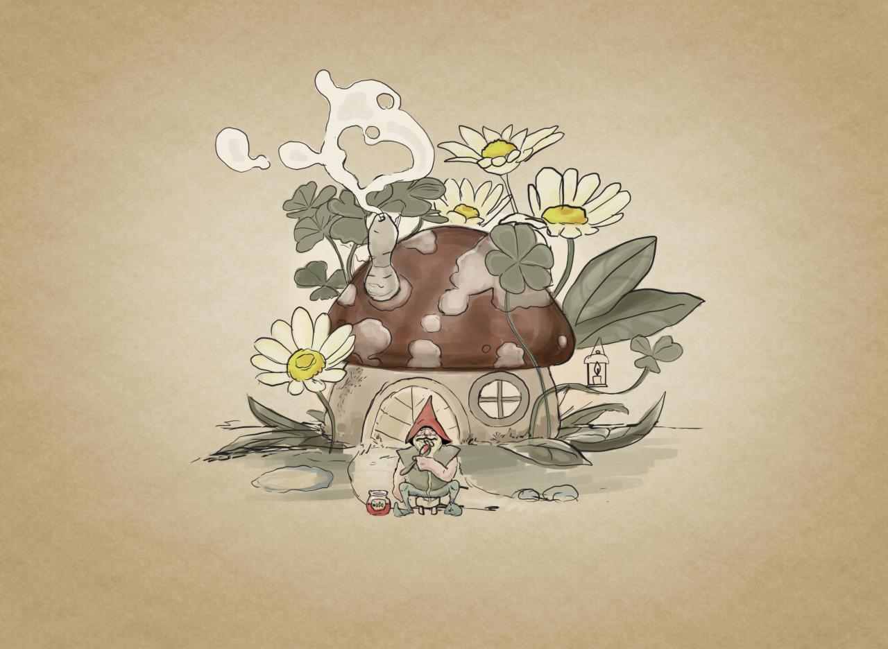 Ręcznie rysowana ilustracja przedstawiająca grzybowy domek otoczony kwiatami i koniczyną, z małym gnomiczkiem jedzącym miód na ganku, z dymem unoszącym się z komina.