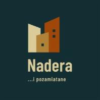 Grafika przedstawia logo firmy sprzątającej o nazwie 'Nadera ...i pozamiatane'. Logo składa się z abstrakcyjnych, geometrycznych kształtów przypominających budynki w odcieniach beżu i brązu...