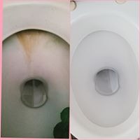 Porównanie: toaleta przed i po czyszczeniu, widoczne uporczywe zacieki usunięte, miska klozetowa lśniąca czystością.