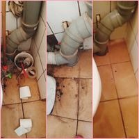 Zanieczyszczona podłoga w toalecie z widocznymi plamami, resztkami papieru toaletowego, szczotką i wiaderkiem. Brudne rury kanalizacyjne. Zdjęcie wykonane w słabym oświetleniu.