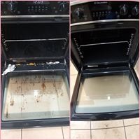 Porównanie wnętrza piekarnika przed i po czyszczeniu: po lewej stronie silnie zabrudzony, po prawej lśniący czystością. Widoczne resztki jedzenia i tłuszcz na ściankach przed czyszczeniem.