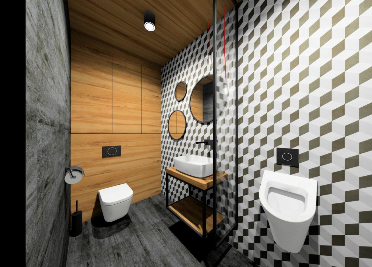 Wizualizacja nowoczesnej łazienki z drewnianą zabudową, umywalką na metalowym stelażu, okrągłymi lustrami i geometryczną tapetą w odcieniach szarości i bieli.