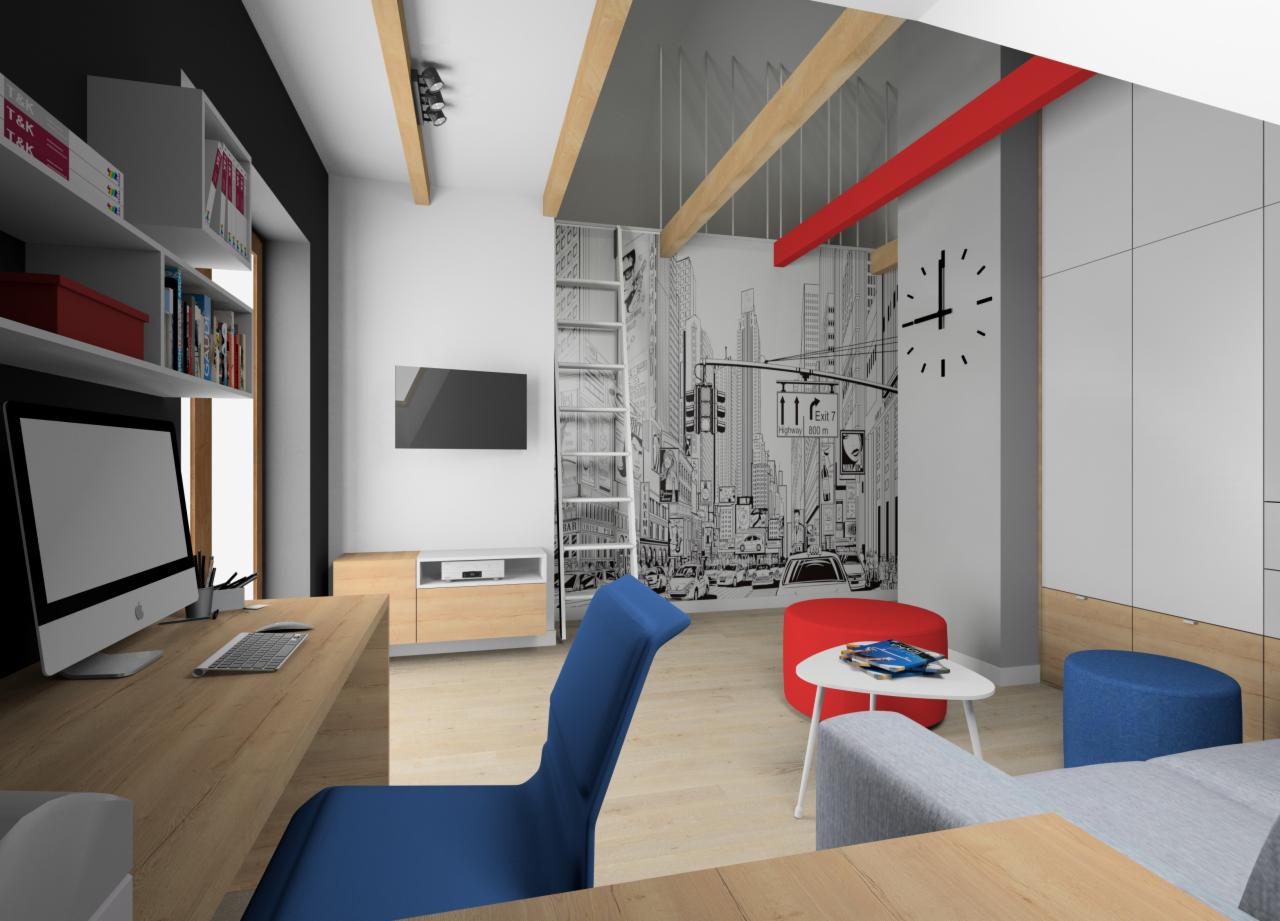 Wizualizacja pokoju dziennego z biurkiem, regałem, telewizorem i fototapetą z motywem miejskim Nowego Jorku; czerwony akcent kolorystyczny na suficie.