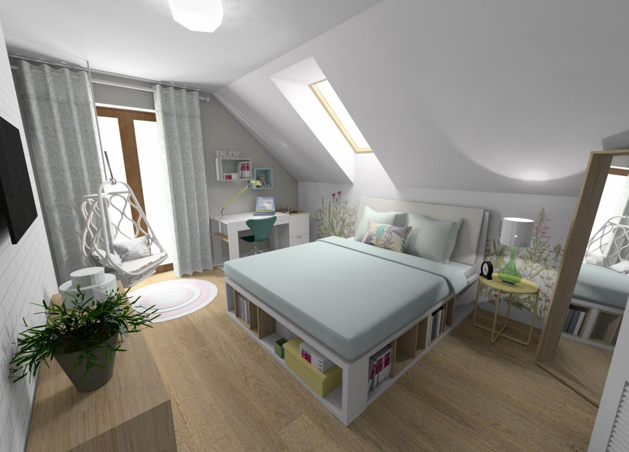 Jasna sypialnia na poddaszu z łóżkiem z wbudowanymi półkami na książki, biurkiem z lampką, wiszącym fotelem hamakowym i dużym lustrem stojącym, ozdobiona motywem kwiatowym na ścianie.