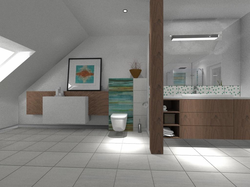 Wizualizacja łazienki na poddaszu z drewnianymi akcentami, białą ceramiką i turkusowymi płytkami dekoracyjnymi, widok z perspektywy podłogi.
