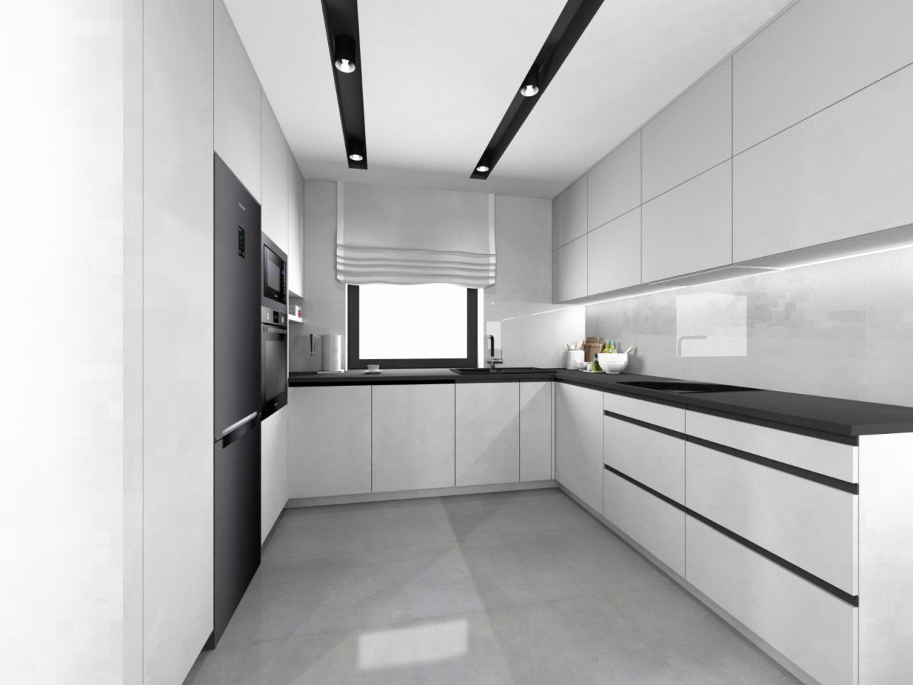 Wizualizacja nowoczesnej kuchni z białymi szafkami i czarnym blatem, oświetlenie punktowe na suficie, minimalistyczny design.