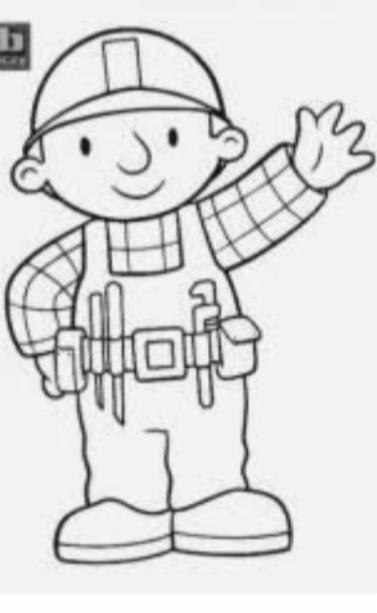 Czarno-biały rysunek Boba Budowniczego w kasku, kombinezonie i z narzędziami na pasie, machającego ręką.