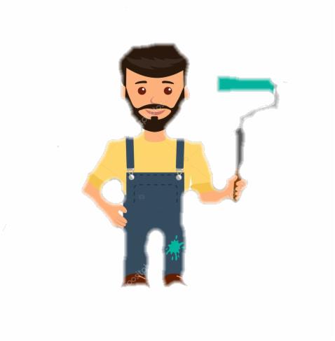 Ilustracja: mężczyzna z brodą w kombinezonie malarskim, trzymający wałek z zieloną farbą, z plamą farby na ubraniu, na białym tle.