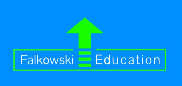 Logo Falkowski Education na niebieskim tle z zieloną strzałką skierowaną do góry i zielonym obramowaniem napisu.