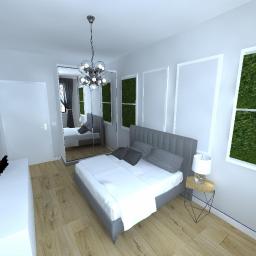 FERENC STUDIO indywidualne projektowanie wnętrz - Wizualizacja sypialni w odcieniach szarości i bieli z drewnianą podłogą, łóżkiem z szarym zagłówkiem, szafką nocną z lampką, lustrem odbijającym drugie łóżko oraz dekoracją roślinną na ścianie.