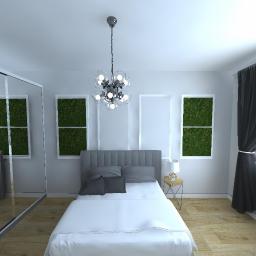 FERENC STUDIO indywidualne projektowanie wnętrz - Wizualizacja sypialni z łóżkiem kontynentalnym, szafą z lustrzanymi drzwiami przesuwnymi, oknami z zielonymi panelami dekoracyjnymi i nowoczesnym żyrandolem.
