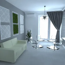 Wizualizacja przestronnego, minimalistycznego salonu z kremową sofą, przezroczystymi krzesłami, dekoracyjnymi panelami ściennymi i rośliną doniczkową, oświetlonego żyrandolem.