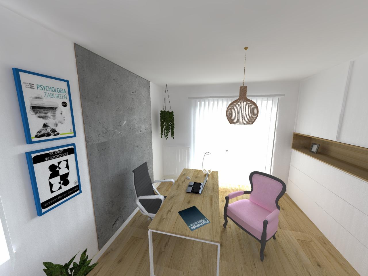 Wizualizacja biura psychologa z biurkiem, laptopem, książką, różowym fotelem w stylu retro, wiszącą lampą, roślinami i plakatami o tematyce psychologicznej na ścianie z betonową wstawką.