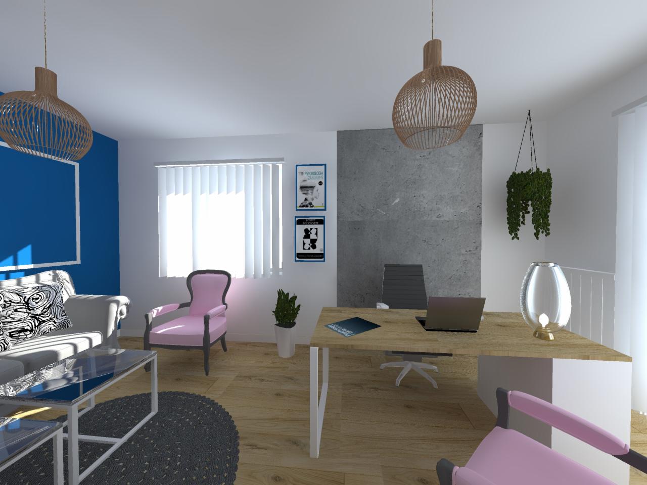 Wizualizacja biura domowego z drewnianym biurkiem, szarą ścianą akcentującą, roślinami wiszącymi i doniczkowymi, oraz meblami w odcieniach bieli, szarości i różu.