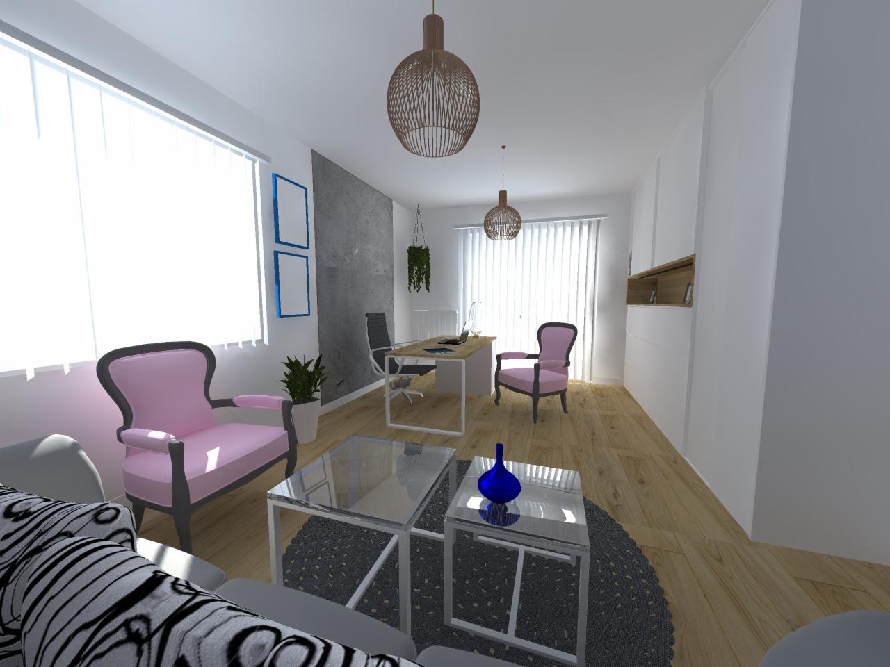 Wizualizacja wnętrza biura z dwoma różowymi fotelami w stylu retro, szarym biurkiem i dwoma stolikami kawowymi na okrągłym dywanie. W tle widoczne okna z żaluzjami i betonowa ściana z dekoracjami.