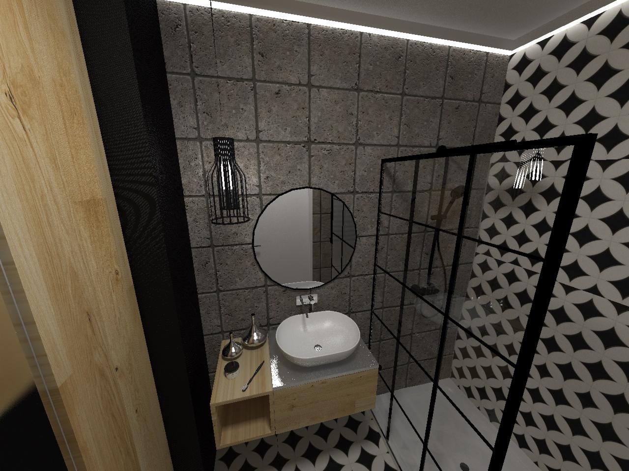 Wizualizacja łazienki z okrągłym lustrem nad umywalką na drewnianej szafce, czarną lampą wiszącą w klatce i kabiną prysznicową z czarnymi ramami na tle ścian z szarych i czarno-białych płytek...