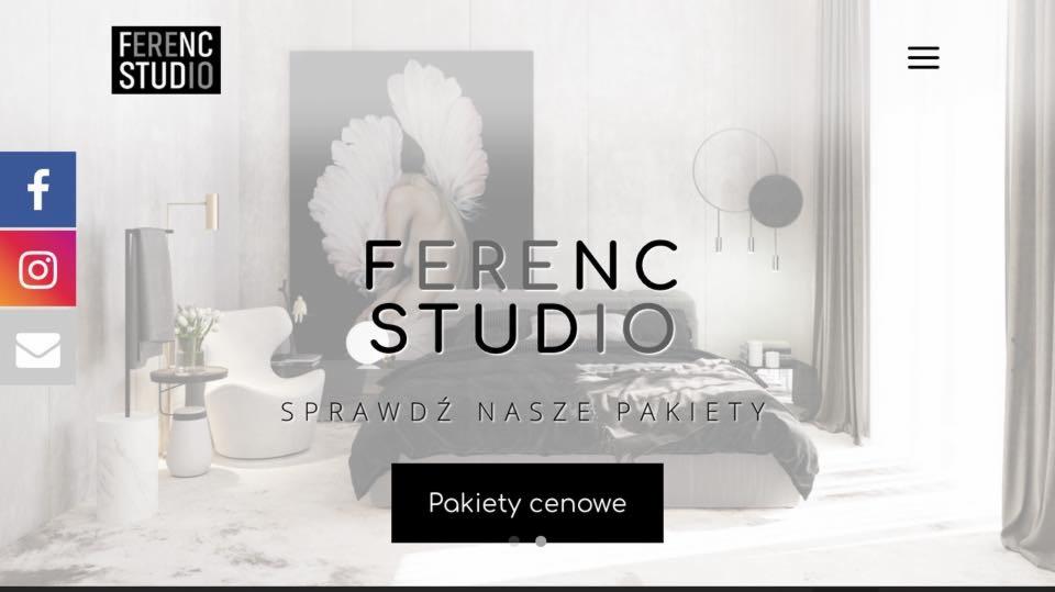 Strona internetowa studia projektowania wnętrz Ferenc Studio z widoczną aranżacją sypialni w odcieniach szarości i bieli, prezentująca łóżko z dekoracyjnym zagłówkiem, fotel o futurystycznym...