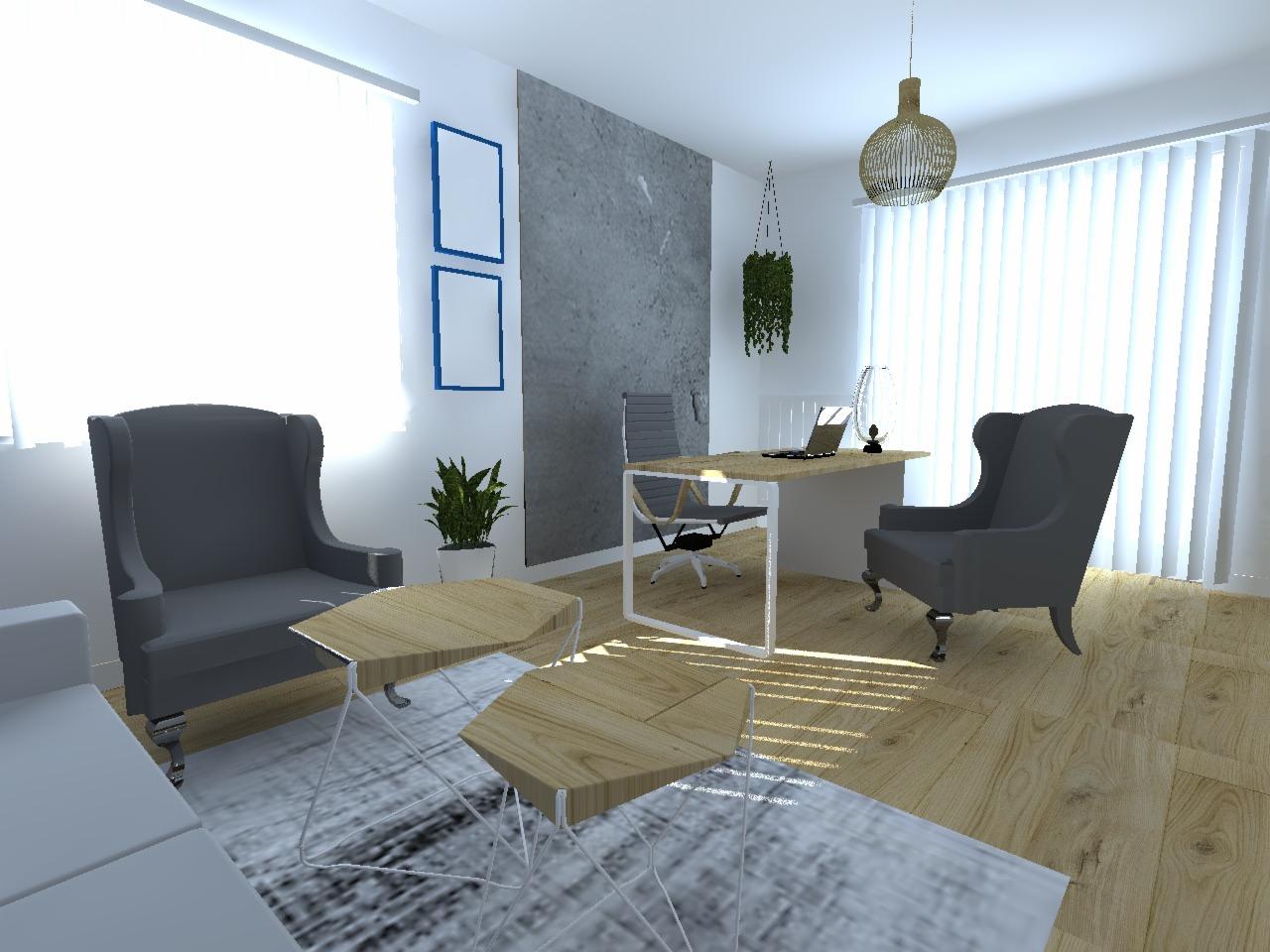 Wizualizacja nowoczesnego biura domowego z szarymi fotelami uszakami, drewnianymi stolikami kawowymi na metalowych nóżkach, biurkiem z laptopem i wiszącą rośliną.