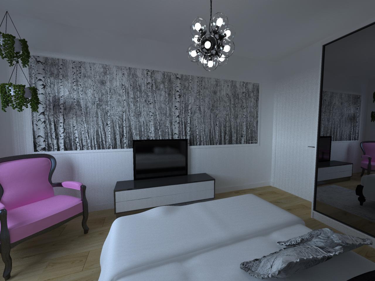 Wizualizacja sypialni z łóżkiem, fotel w stylu retro, ściana z tapetą imitującą las brzozowy, nowoczesna lampa sufitowa i szafa z lustrzanymi drzwiami.