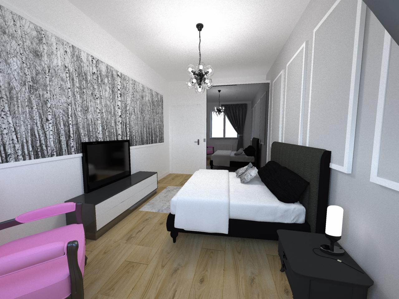 Wizualizacja sypialni w Warszawie z łóżkiem, szafką nocną z lampką, komodą pod telewizor oraz fototapetą z motywem brzozowego lasu.