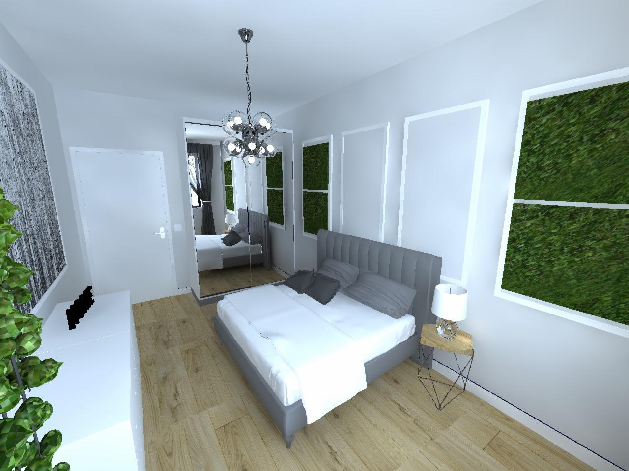 Wizualizacja sypialni w odcieniach szarości i bieli z drewnianą podłogą, łóżkiem z szarym zagłówkiem, szafką nocną z lampką, lustrem odbijającym drugie łóżko oraz dekoracją roślinną na ścianie.