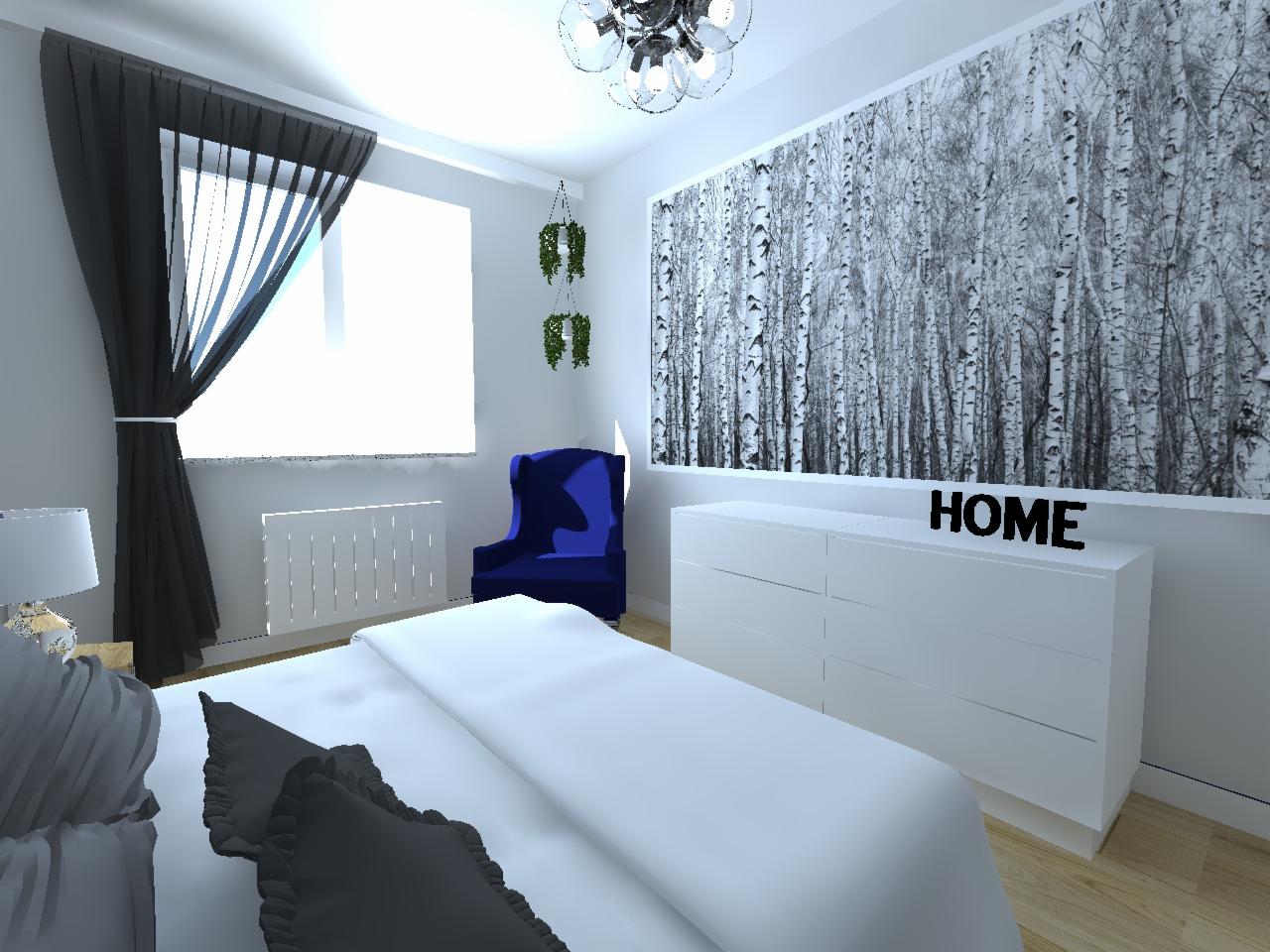 Nowoczesna sypialnia z białymi meblami, fototapetą z motywem brzozowego lasu, ciemnymi zasłonami i niebieskim fotelem, oświetlona dekoracyjnym żyrandolem.