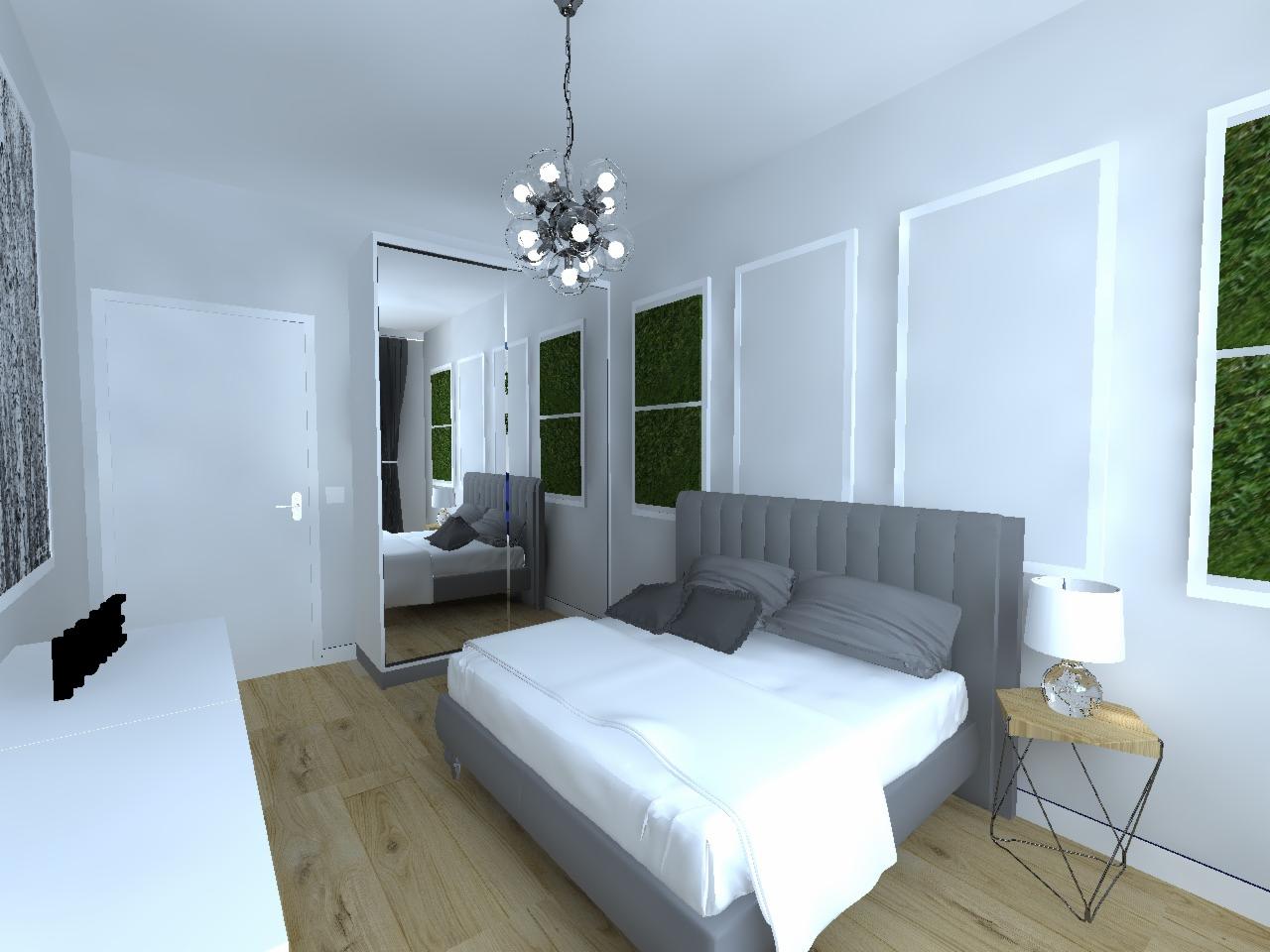 Wizualizacja sypialni z szarą tapicerowaną ramą łóżka, białymi ścianami z zielonymi panelami, nowoczesną lampą wiszącą i lustrem odbijającym dodatkowe łóżko.