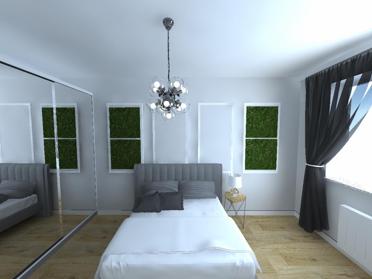 Wizualizacja sypialni z łóżkiem kontynentalnym, szafą z lustrzanymi drzwiami przesuwnymi, oknami z zielonymi panelami dekoracyjnymi i nowoczesnym żyrandolem.