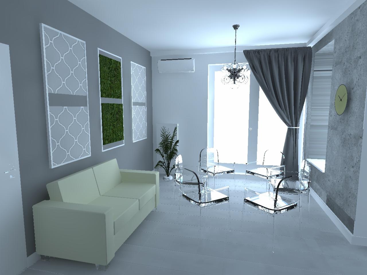 Wizualizacja przestronnego, minimalistycznego salonu z kremową sofą, przezroczystymi krzesłami, dekoracyjnymi panelami ściennymi i rośliną doniczkową, oświetlonego żyrandolem.