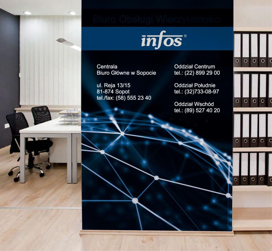 Wnętrze biura z plakatem informacyjnym firmy 'Infos' świadczącej usługi w zakresie obsługi wierzytelności. Plakat zawiera dane kontaktowe do centrali i oddziałów firmy. W tle biurko, krzesła...