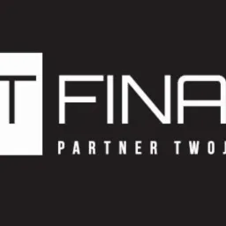 Logo firmy REST FINANCE z hasłem Partner Twojego Biznesu, białe litery na czarnym tle, minimalistyczny design.