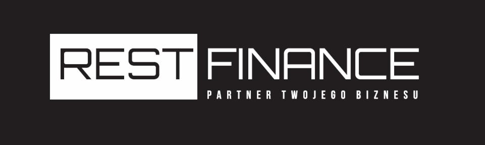 Logo firmy REST FINANCE z hasłem Partner Twojego Biznesu, białe litery na czarnym tle, minimalistyczny design.