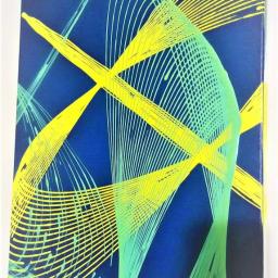 Studnia - Abstrakcyjna grafika na płótnie w odcieniach granatu, limonki i żółci, przedstawiająca dynamiczne linie tworzące wzory przypominające fale i promienie.