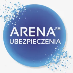 Logo firmy Arena.PM Ubezpieczenia na niebieskim tle z efektem rozpadu na małe fragmenty.