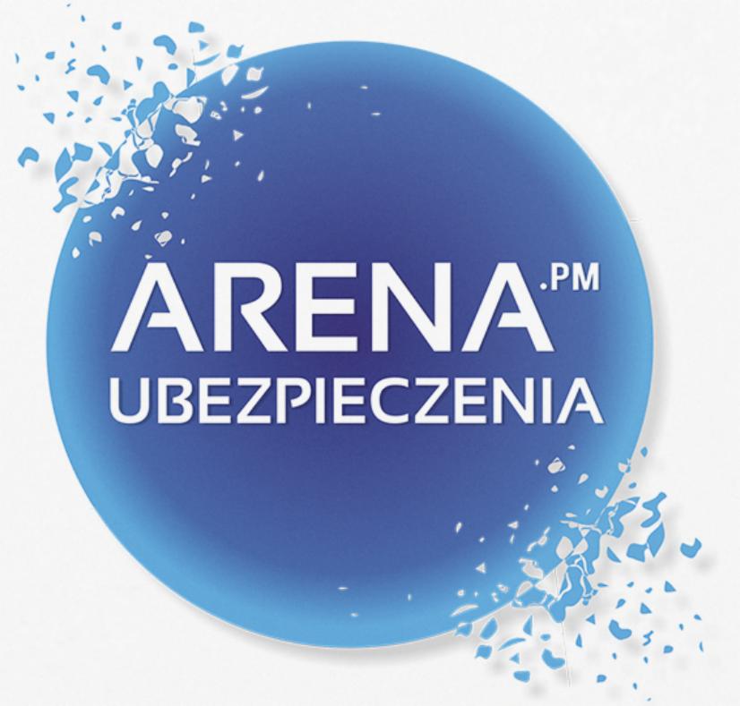 Logo firmy Arena.PM Ubezpieczenia na niebieskim tle z efektem rozpadu na małe fragmenty.