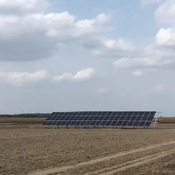 Rząd paneli słonecznych na polu, z widocznymi w oddali turbinami wiatrowymi i poż&oacute;łkłym polem kukurydzy.